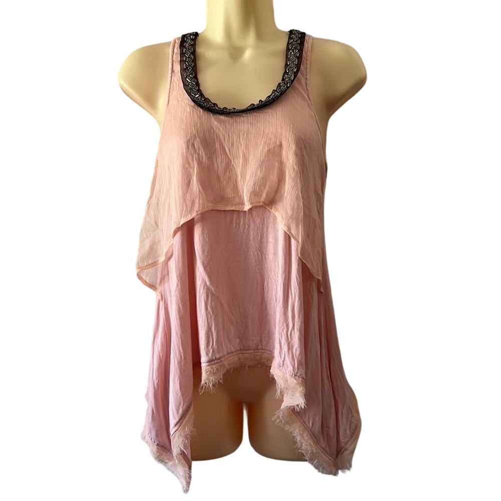 Pink Mixed Media Sleeveless Knit Top with Crinkle Chiffon and Beading Size M